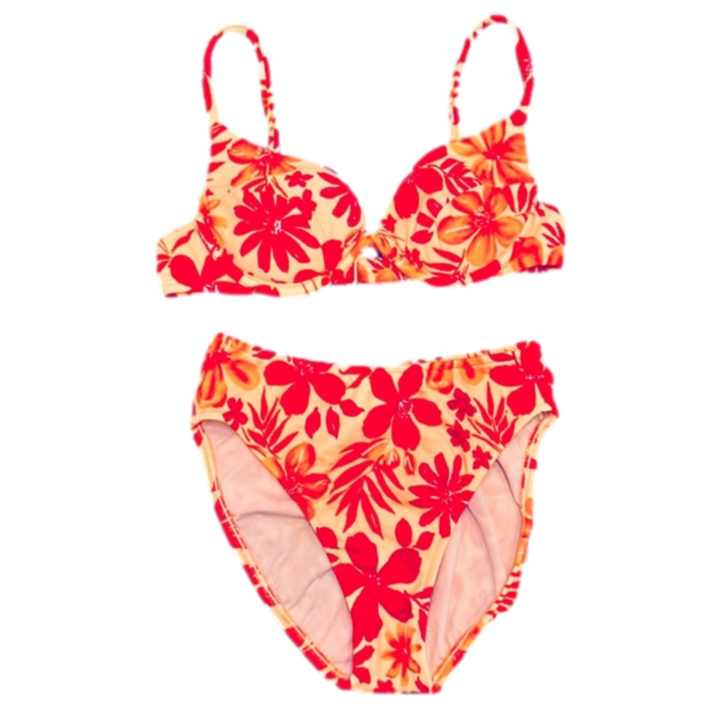 Tropical Hibiscus Print Padded push-up bikini set Orange and red Size XXS